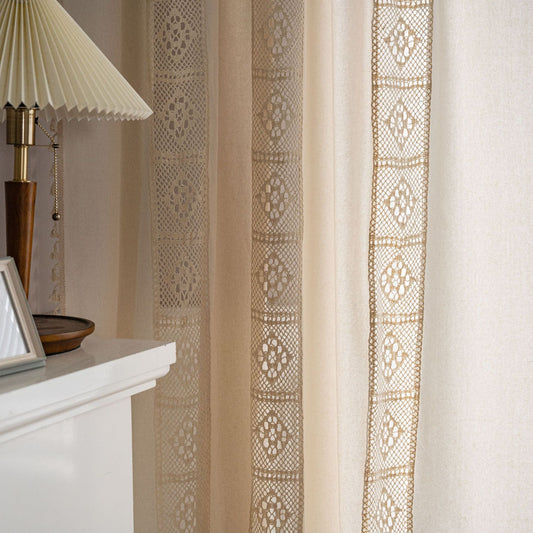 KTX-175699 Beige American Crochet Mesh Curtain for Soft Light Filtering, Multiple Sizes Available