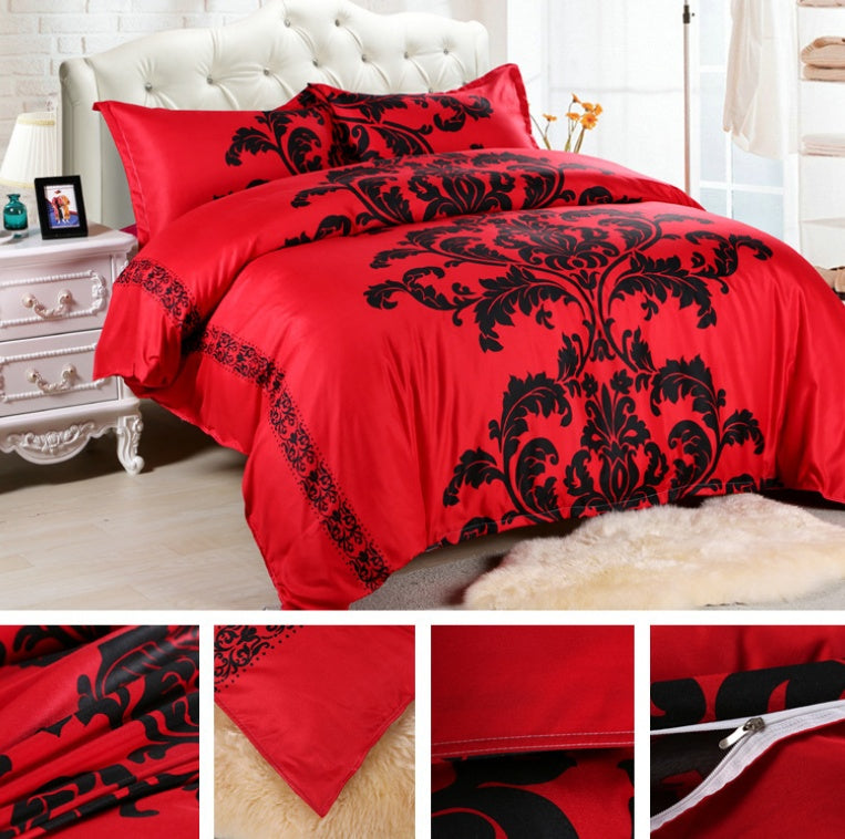 KTX-177619 Four-Piece Sadie Red and Black Home Textile Set in Durable Polyester Fiber