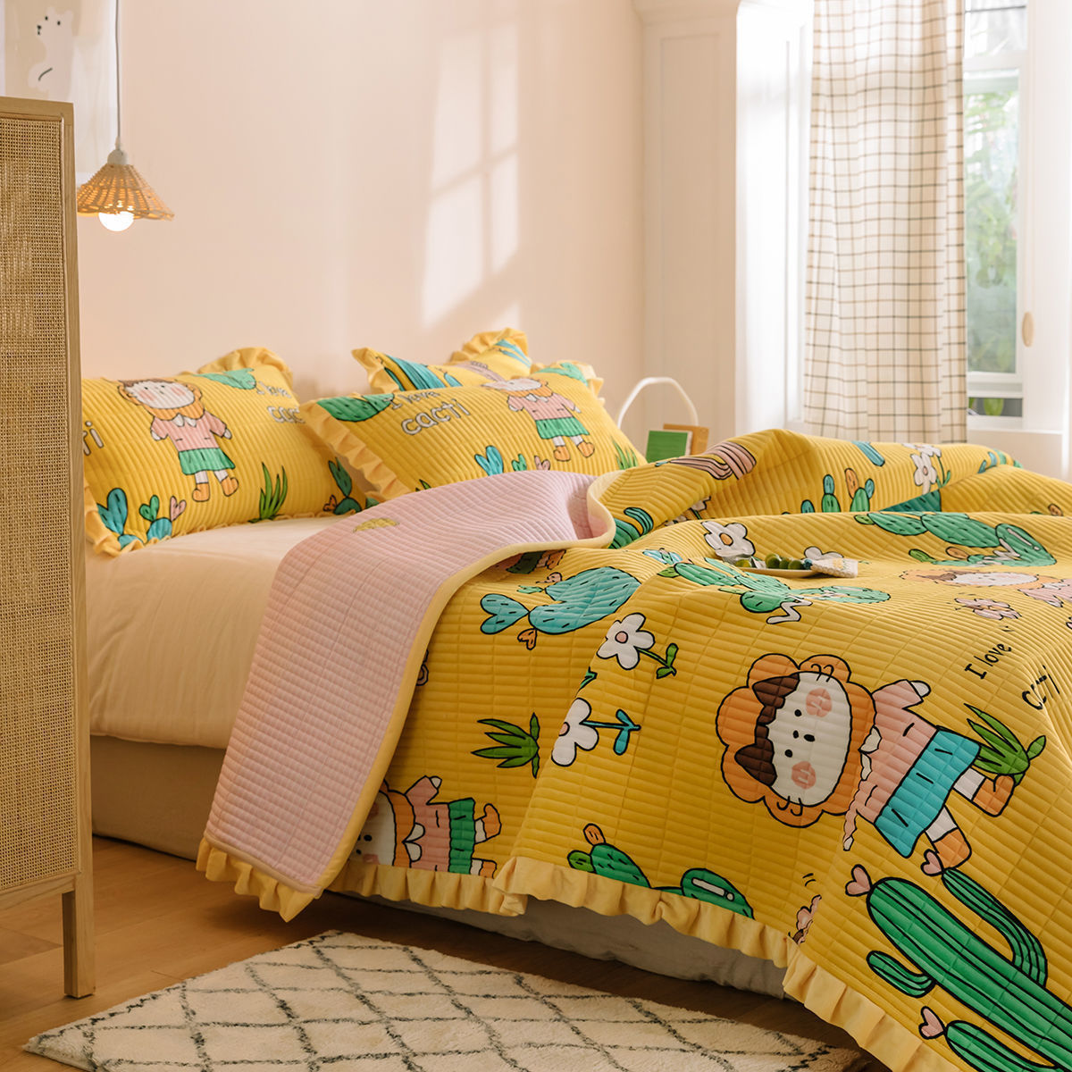 KTX-181587 Milk Fleece Non-Slip Double-Sided Warm Printed Bed Sheet with Pillowcases - Various Designs