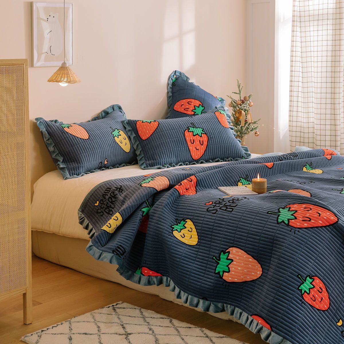 KTX-181587 Milk Fleece Non-Slip Double-Sided Warm Printed Bed Sheet with Pillowcases - Various Designs