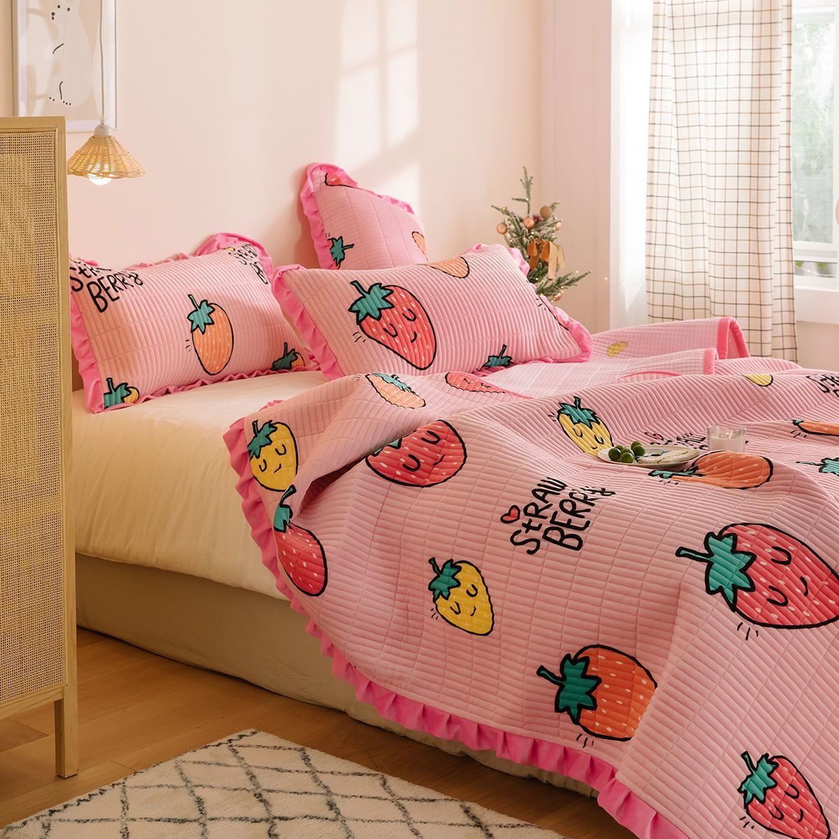 KTX-181587 Milk Fleece Non-Slip Double-Sided Warm Printed Bed Sheet with Pillowcases - Various Designs