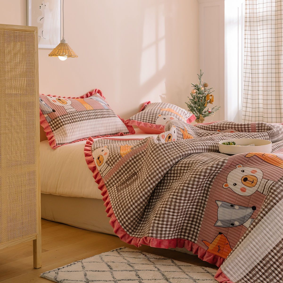 KTX-181587 Milk Fleece Non-Slip Double-Sided Warm Printed Bed Sheet with Pillowcases - Various Designs