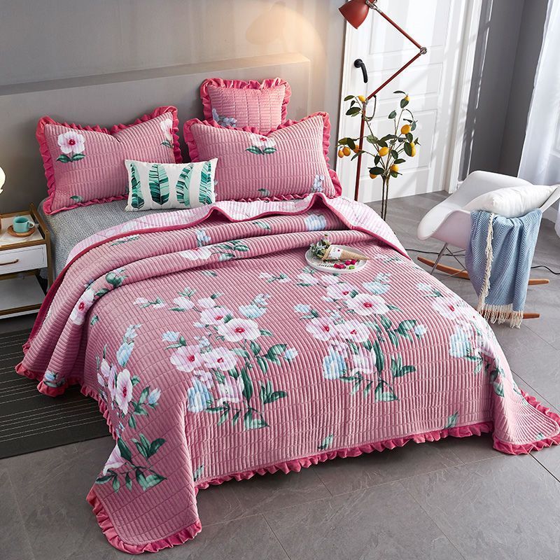KTX-181587 Milk Fleece Non-Slip Double-Sided Warm Printed Bed Sheet with Pillowcases - Various Designs