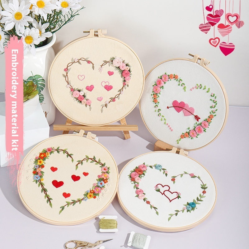KTX-185043 DIY Heart-to-Heart Embroidery Kit for Valentine's Day - Cotton Cloth with 20cm Bamboo Ring and Taboret