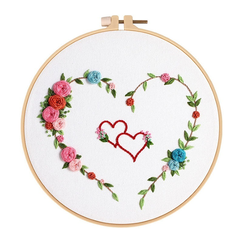 KTX-185043 DIY Heart-to-Heart Embroidery Kit for Valentine's Day - Cotton Cloth with 20cm Bamboo Ring and Taboret