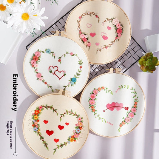 KTX-185043 DIY Heart-to-Heart Embroidery Kit for Valentine's Day - Cotton Cloth with 20cm Bamboo Ring and Taboret