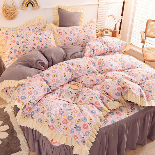 KTX-186195 Girly Heart Lace Bed Skirt and Duvet Cover Set in Various Floral Colors for 1.5m and 1.8m Beds