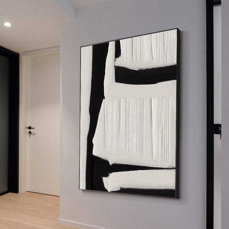 KTX-188435 Large Black and White Abstract Textured Wall Art - Handmade Oil Painting on Canvas for Modern Home Decor