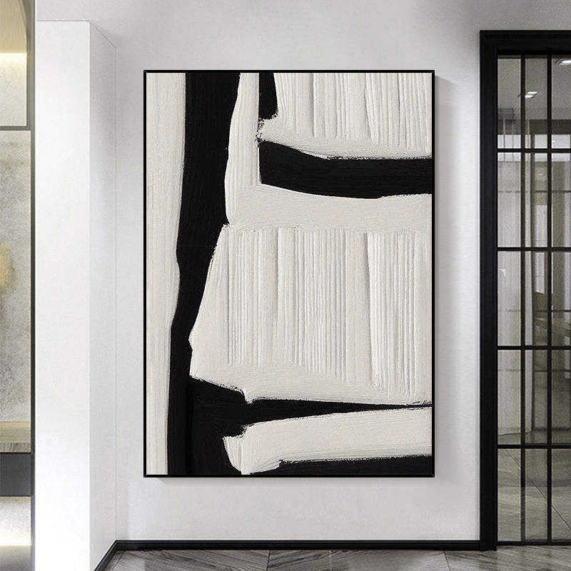 KTX-188435 Large Black and White Abstract Textured Wall Art - Handmade Oil Painting on Canvas for Modern Home Decor