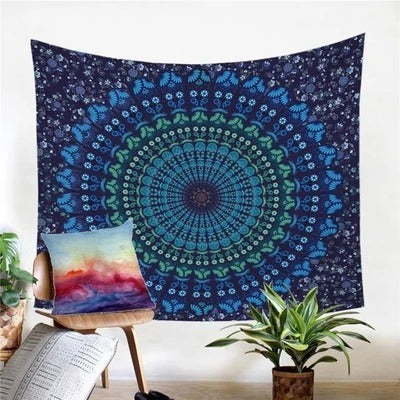 KTX-189203 Spiral Sapphire Patterned Wall Tapestry in 100% Polyester, Machine Washable