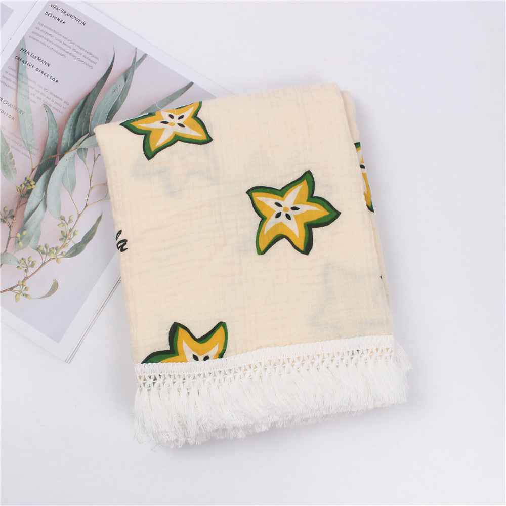 KTX-189971 Children's Pure Cotton Printed Tassel Blanket - Soft, Skin-Friendly Baby Gauze for All Seasons (100x120cm)
