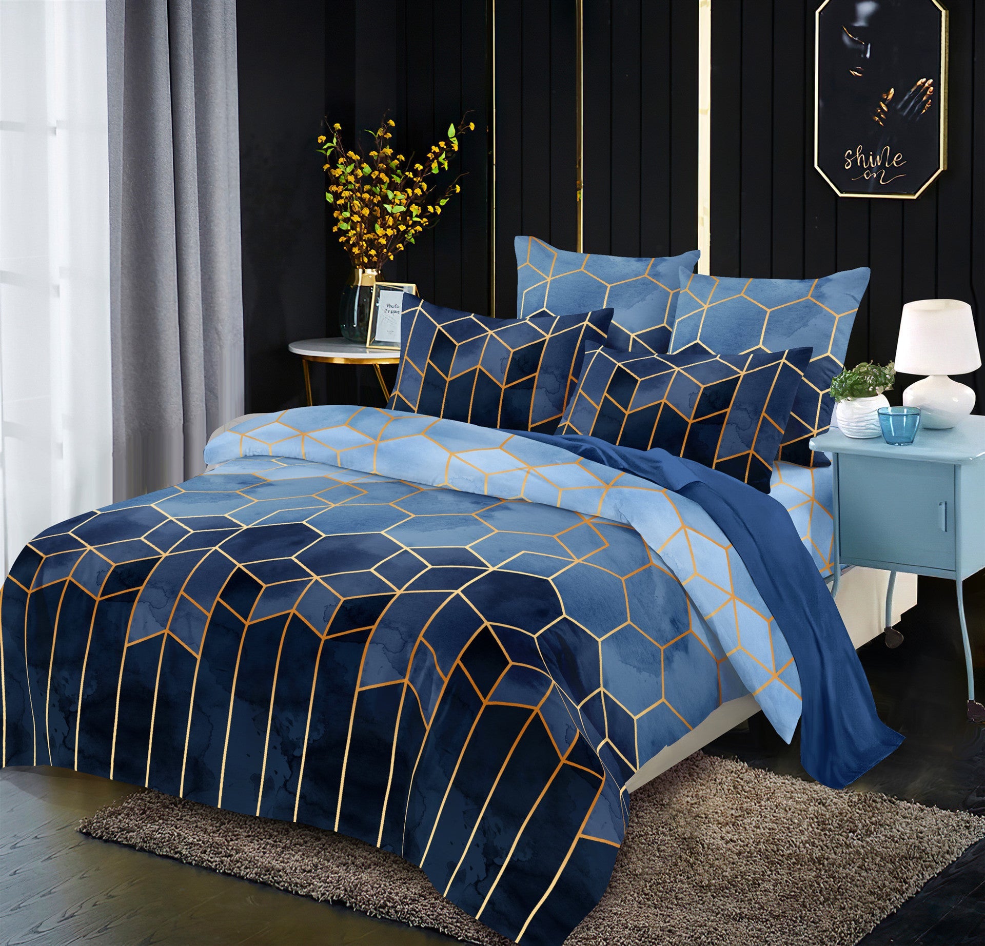 KTX-191123 Gilt Line Geometric Elements Quilt Cover Set - Polyester Bedding with Plain Jacquard Design