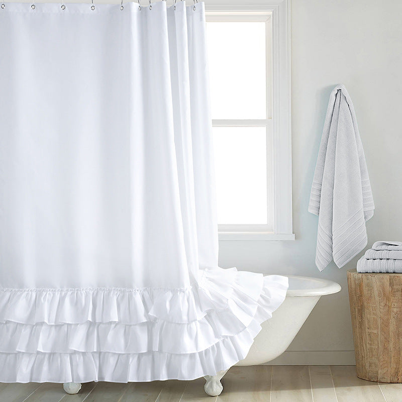 KTX-191507 Thickened Polyester Shower Curtain with Floral Edge and Lace Trim in Various Sizes