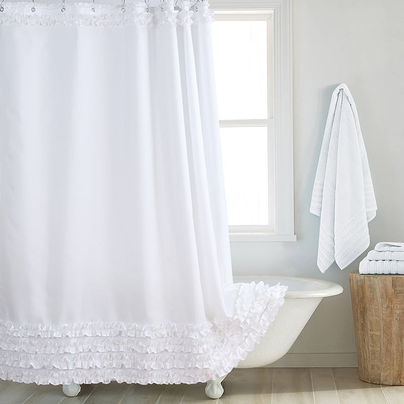 KTX-191507 Thickened Polyester Shower Curtain with Floral Edge and Lace Trim in Various Sizes