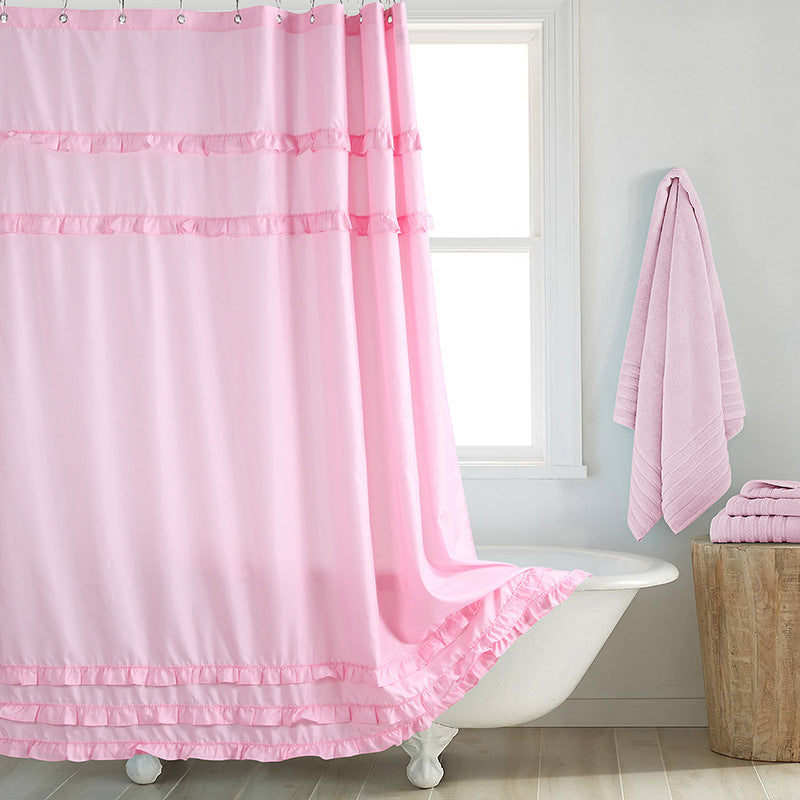 KTX-191507 Thickened Polyester Shower Curtain with Floral Edge and Lace Trim in Various Sizes