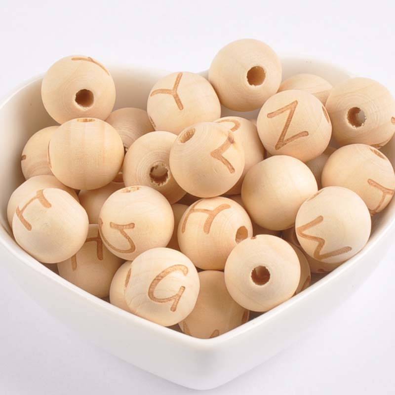 KTX-192787 26 English Letters Small Hole Lotus Wood Log Beads – 14mm, Single-Sided, 50/100pcs