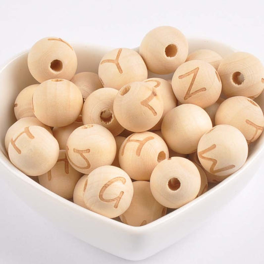 KTX-192787 26 English Letters Small Hole Lotus Wood Log Beads – 14mm, Single-Sided, 50/100pcs