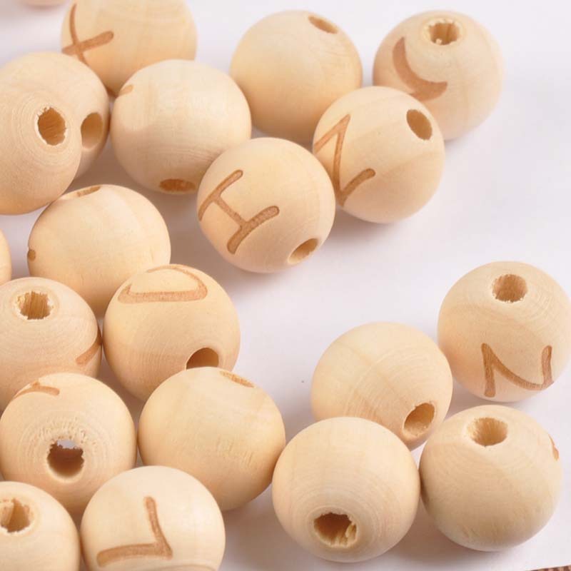 KTX-192787 26 English Letters Small Hole Lotus Wood Log Beads – 14mm, Single-Sided, 50/100pcs