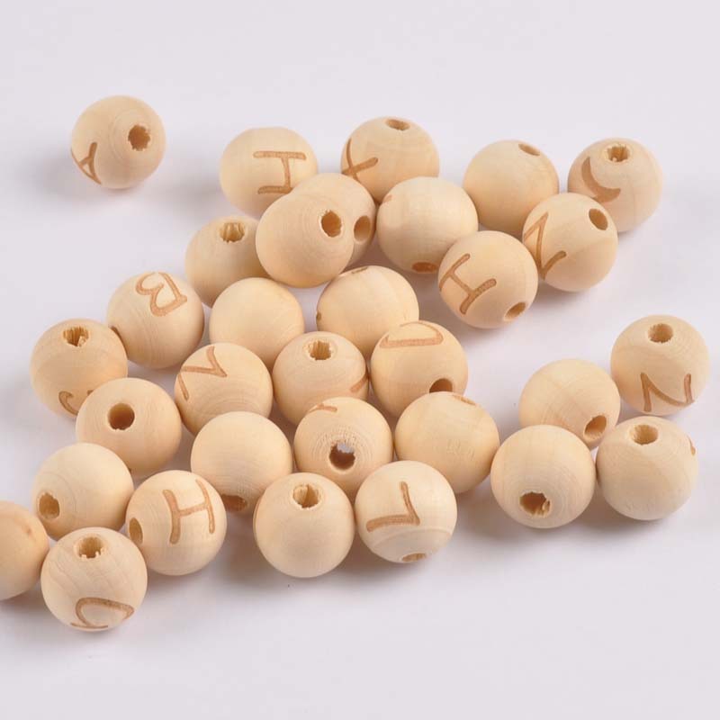 KTX-192787 26 English Letters Small Hole Lotus Wood Log Beads – 14mm, Single-Sided, 50/100pcs