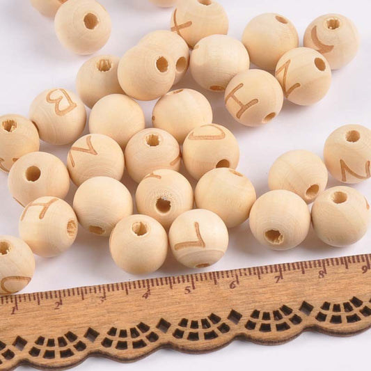 KTX-192787 26 English Letters Small Hole Lotus Wood Log Beads – 14mm, Single-Sided, 50/100pcs