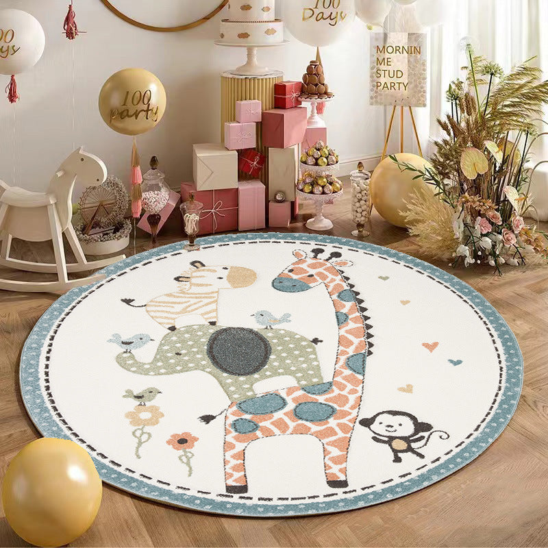 KTX-194003 Round Cartoon Floor Mat for Bedroom - Cute Animal & Dinosaur Designs, Machine Washable Polyester Fiber, Multiple Sizes Available
