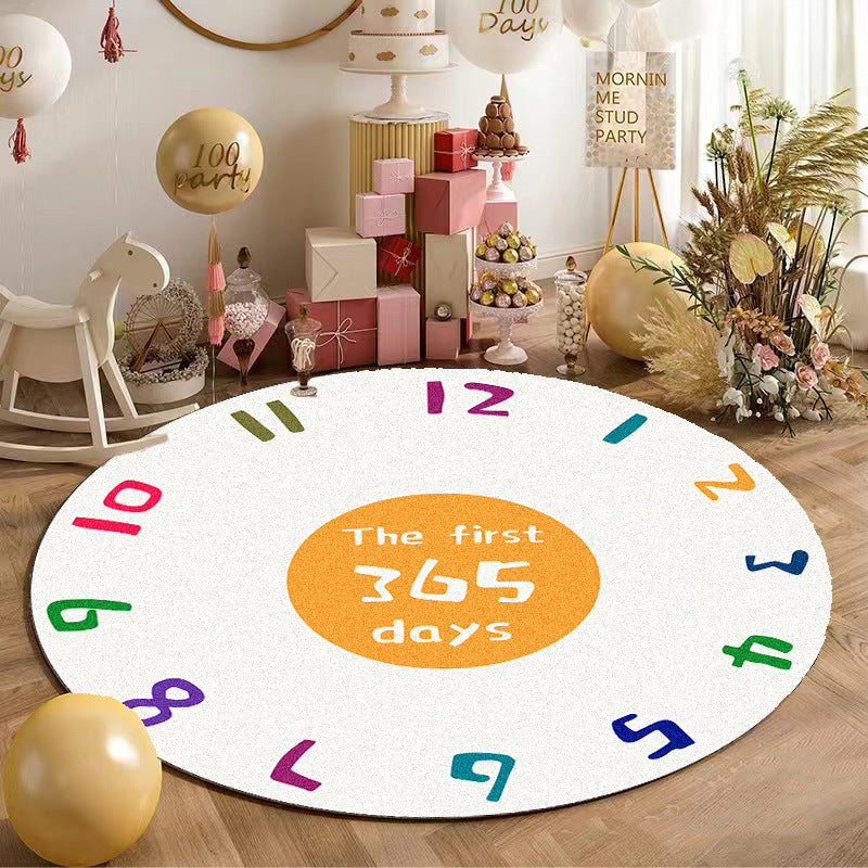 KTX-194003 Round Cartoon Floor Mat for Bedroom - Cute Animal & Dinosaur Designs, Machine Washable Polyester Fiber, Multiple Sizes Available
