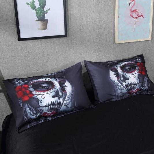 KTX-195731 Halloween Floral Skull Bedding Set - Queen & King Sizes, Cotton Blend Duvet Cover and Bed Sheet