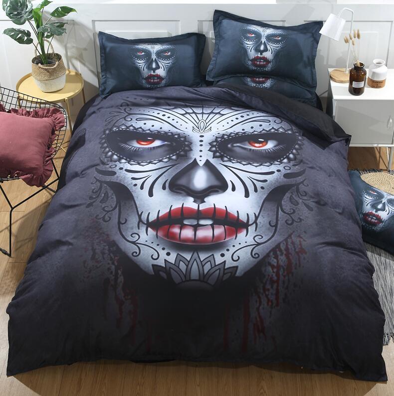 KTX-195731 Halloween Floral Skull Bedding Set - Queen & King Sizes, Cotton Blend Duvet Cover and Bed Sheet