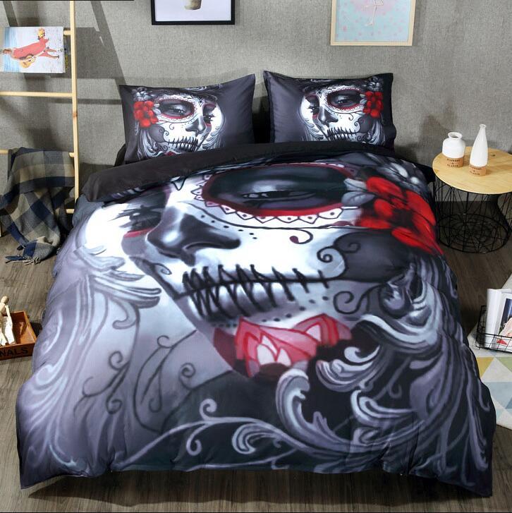 KTX-195731 Halloween Floral Skull Bedding Set - Queen & King Sizes, Cotton Blend Duvet Cover and Bed Sheet