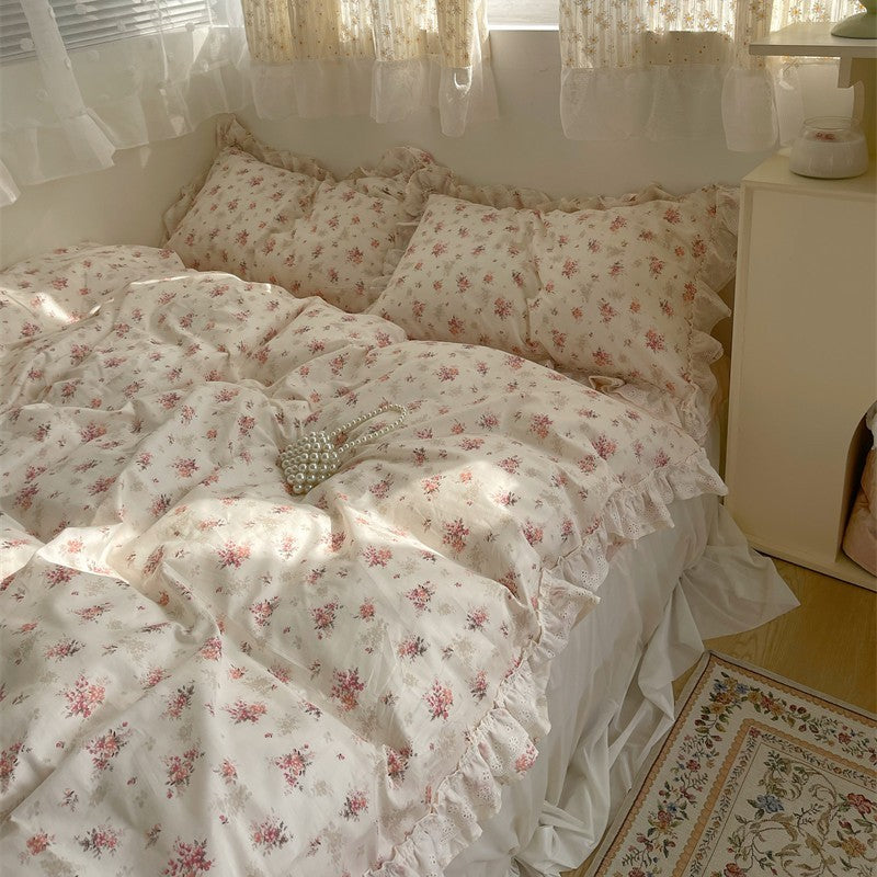 KTX-200851 Cotton Lace Bed Sheet Set with Quilt Cover and Bed Skirt - Minimalist Design