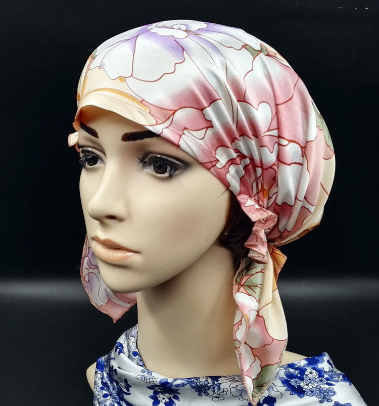 KTX-202579 Satin Flower Print Nightcap with Short Brim for Home Hair Care