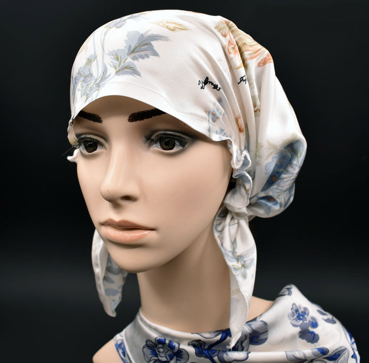 KTX-202579 Satin Flower Print Nightcap with Short Brim for Home Hair Care