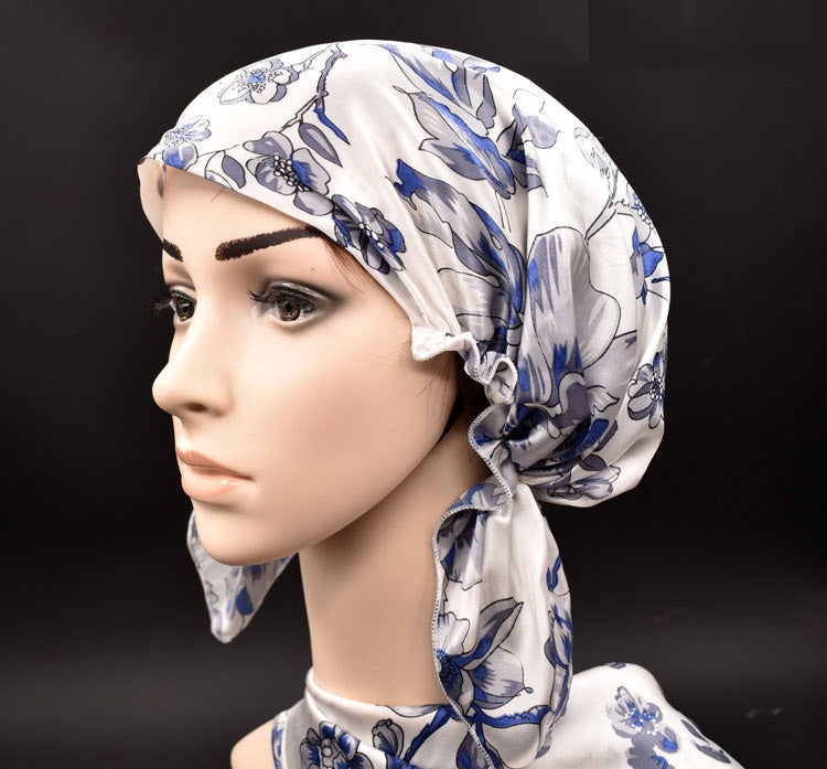 KTX-202579 Satin Flower Print Nightcap with Short Brim for Home Hair Care