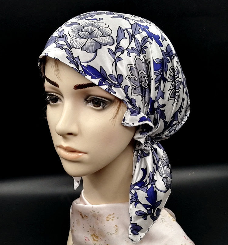 KTX-202579 Satin Flower Print Nightcap with Short Brim for Home Hair Care