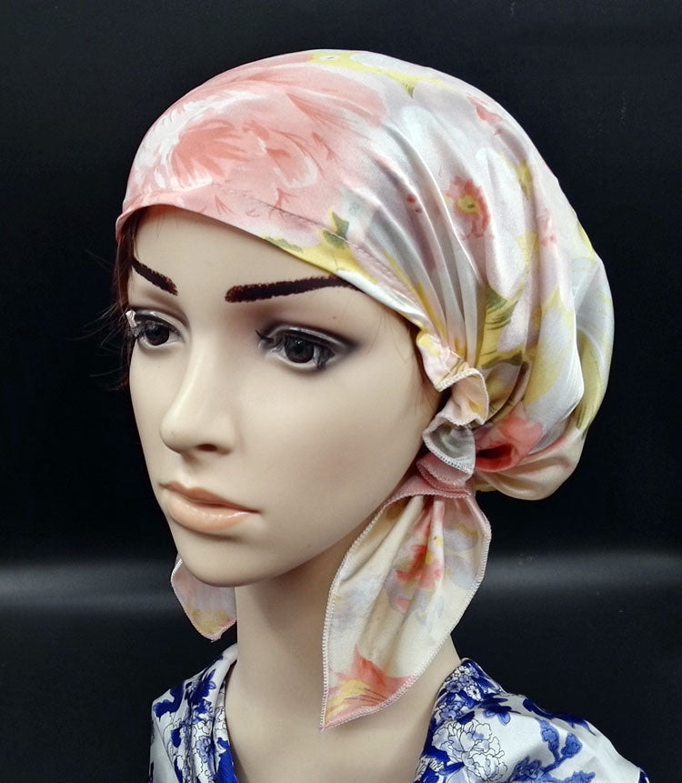 KTX-202579 Satin Flower Print Nightcap with Short Brim for Home Hair Care