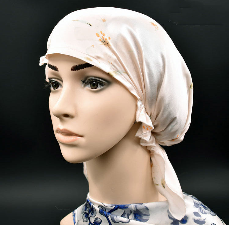 KTX-202579 Satin Flower Print Nightcap with Short Brim for Home Hair Care
