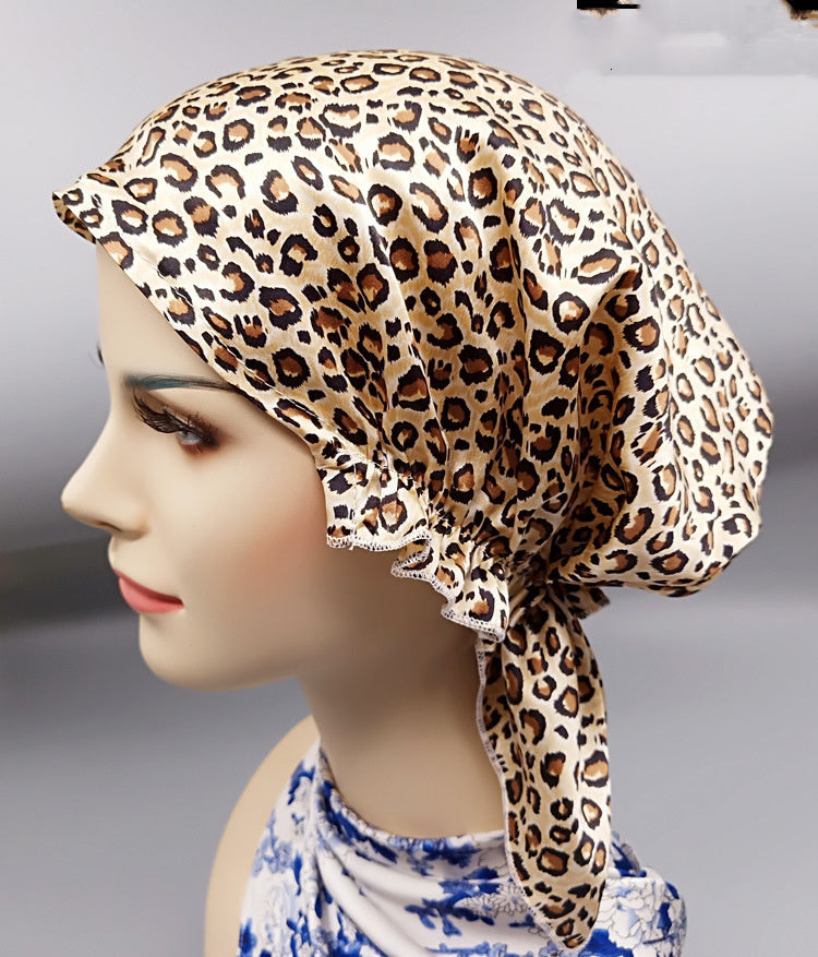 KTX-202579 Satin Flower Print Nightcap with Short Brim for Home Hair Care