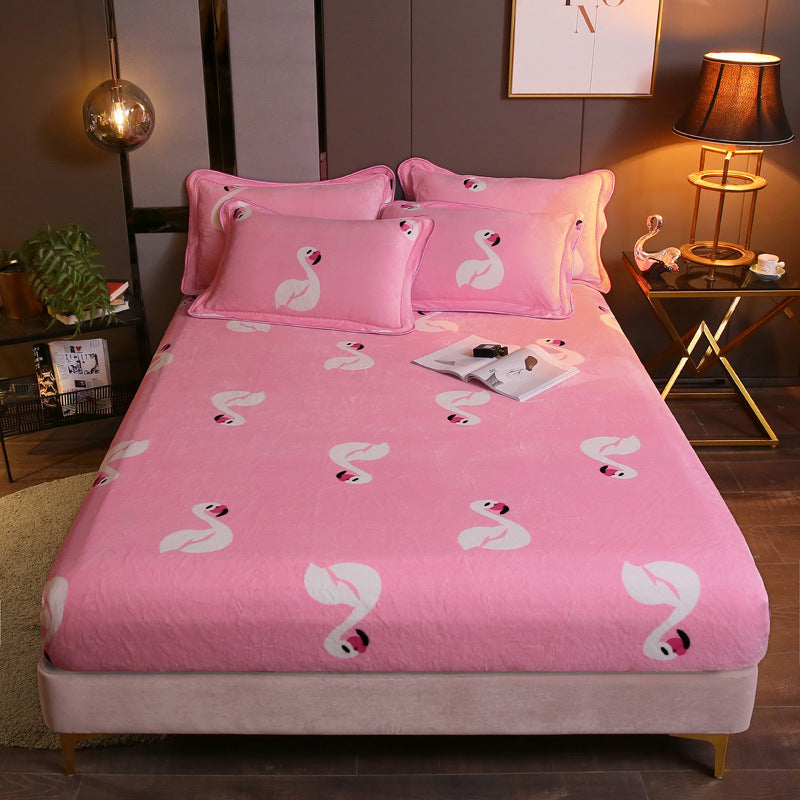 KTX-203155 Warm Flannel Cartoon Printed Fitted Sheet - Cozy Winter Mattress Cover in Various Design Options