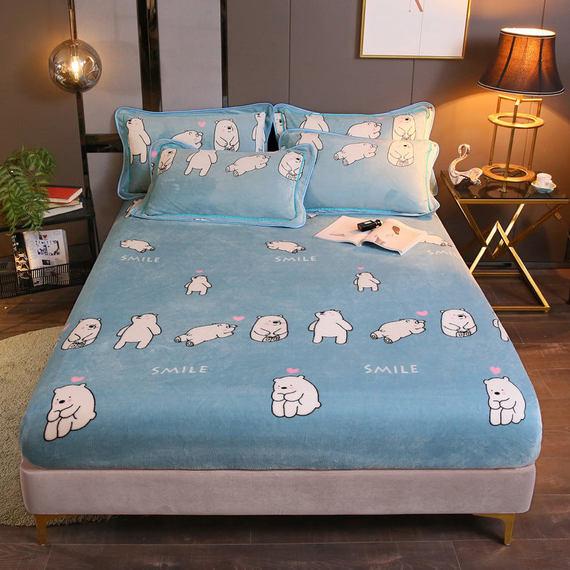 KTX-203155 Warm Flannel Cartoon Printed Fitted Sheet - Cozy Winter Mattress Cover in Various Design Options