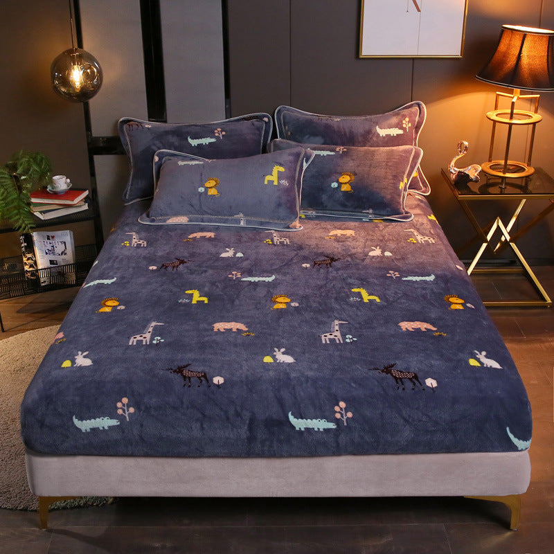 KTX-203155 Warm Flannel Cartoon Printed Fitted Sheet - Cozy Winter Mattress Cover in Various Design Options