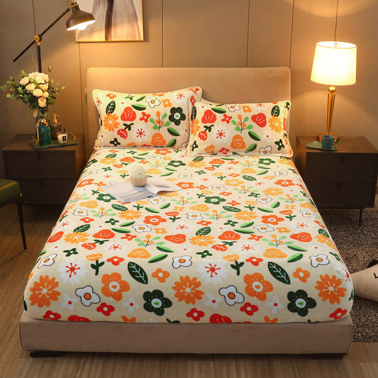KTX-203155 Warm Flannel Cartoon Printed Fitted Sheet - Cozy Winter Mattress Cover in Various Design Options