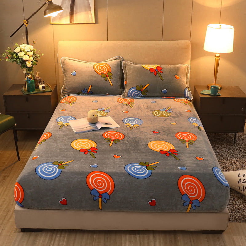 KTX-203155 Warm Flannel Cartoon Printed Fitted Sheet - Cozy Winter Mattress Cover in Various Design Options
