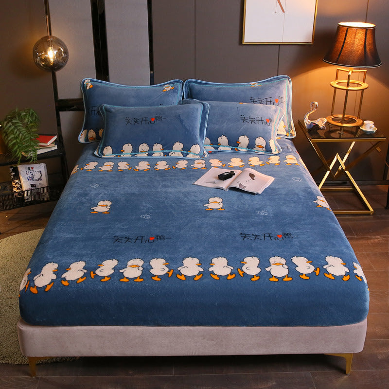 KTX-203155 Warm Flannel Cartoon Printed Fitted Sheet - Cozy Winter Mattress Cover in Various Design Options