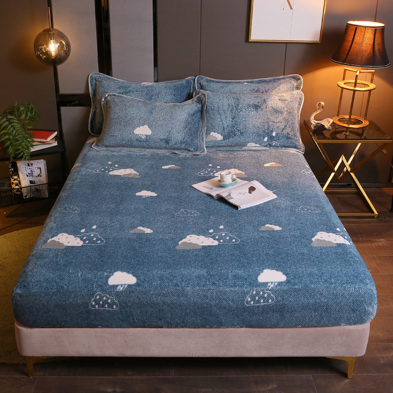 KTX-203155 Warm Flannel Cartoon Printed Fitted Sheet - Cozy Winter Mattress Cover in Various Design Options