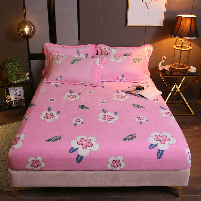 KTX-203155 Warm Flannel Cartoon Printed Fitted Sheet - Cozy Winter Mattress Cover in Various Design Options