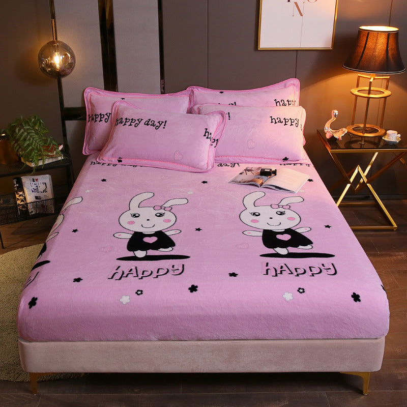 KTX-203155 Warm Flannel Cartoon Printed Fitted Sheet - Cozy Winter Mattress Cover in Various Design Options