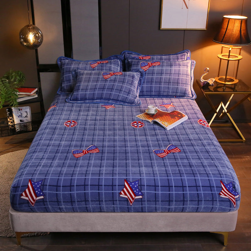 KTX-203155 Warm Flannel Cartoon Printed Fitted Sheet - Cozy Winter Mattress Cover in Various Design Options