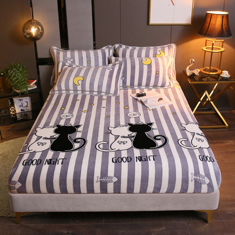 KTX-203155 Warm Flannel Cartoon Printed Fitted Sheet - Cozy Winter Mattress Cover in Various Design Options