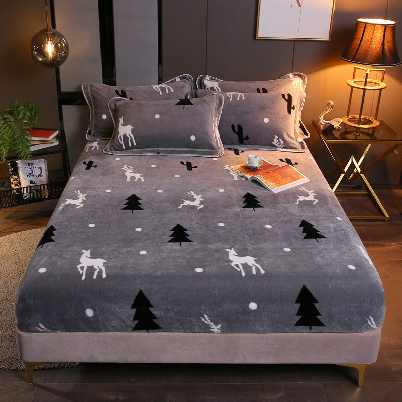 KTX-203155 Warm Flannel Cartoon Printed Fitted Sheet - Cozy Winter Mattress Cover in Various Design Options