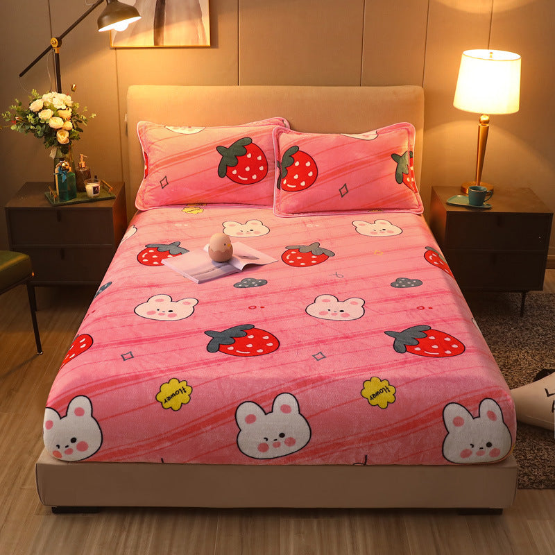 KTX-203155 Warm Flannel Cartoon Printed Fitted Sheet - Cozy Winter Mattress Cover in Various Design Options